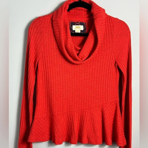 MAEVE by Anthropologie Orange Ribbed Winterscape Peplum Cowl Neck long sleeve - Picture 2 of 8